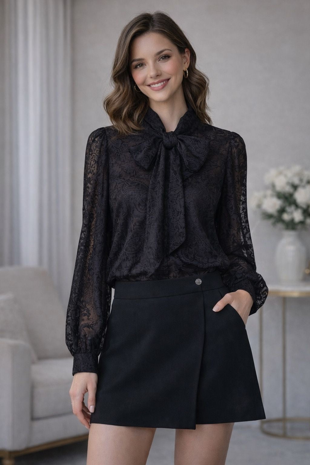 schwarze Bluse Damen, Damenbluse schwarz, elegante schwarze Bluse, Bluse mit Schleife schwarz, Bluse mit Schleifenkragen, transparente Bluse schwarz, feminine Bluse schwarz, schwarze Damenbluse elegant, Bluse mit langen Ärmeln, Business Bluse schwarz, Bluse für Büro und Abend, festliche Bluse schwarz, zeitlose schwarze Bluse, modische Damenbluse schwarz