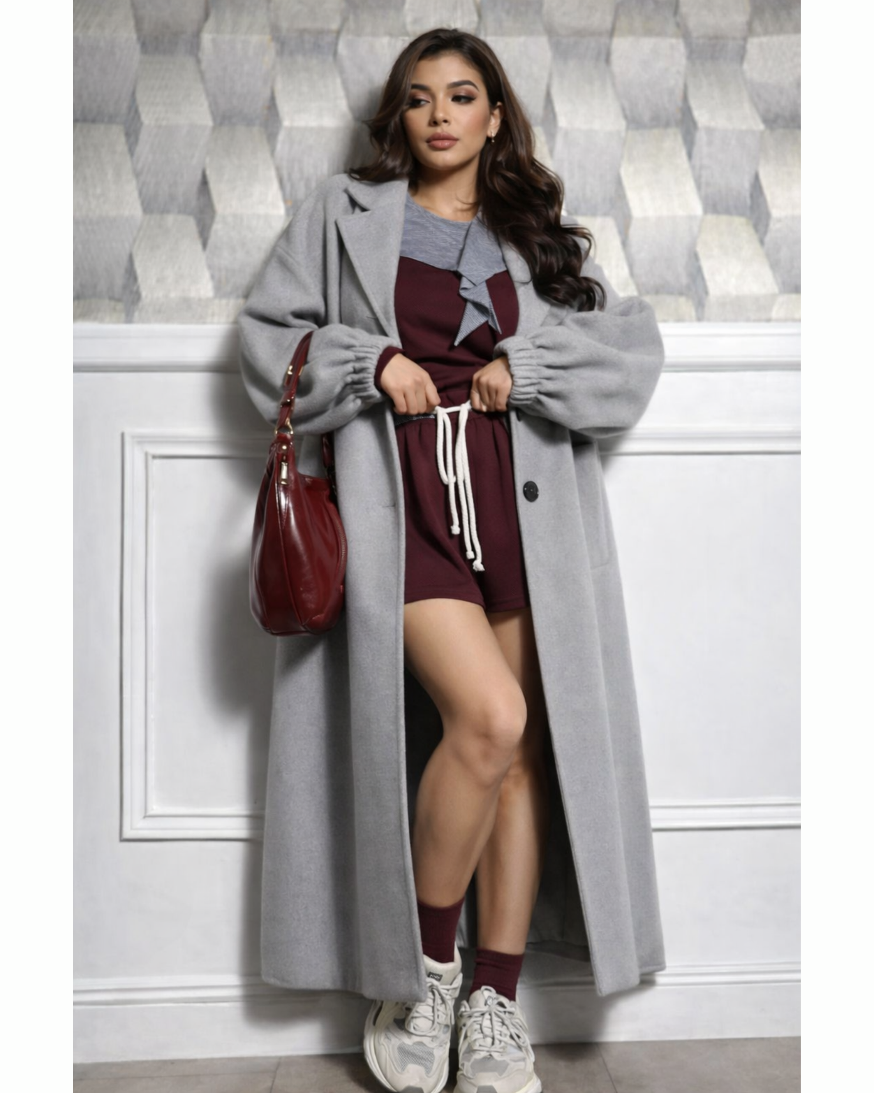 Oversize Mantel Damen, Damenmantel lang, Mantel mit gerafften Ärmeln, Mantel mit Bündchen, Wintermantel Damen, Übergangsmantel Damen, eleganter Damenmantel, modischer Mantel Damen, Mantel mit Reverskragen, Damenmantel modern, Mantel mit Knopfleiste, Mantel für Herbst und Winter