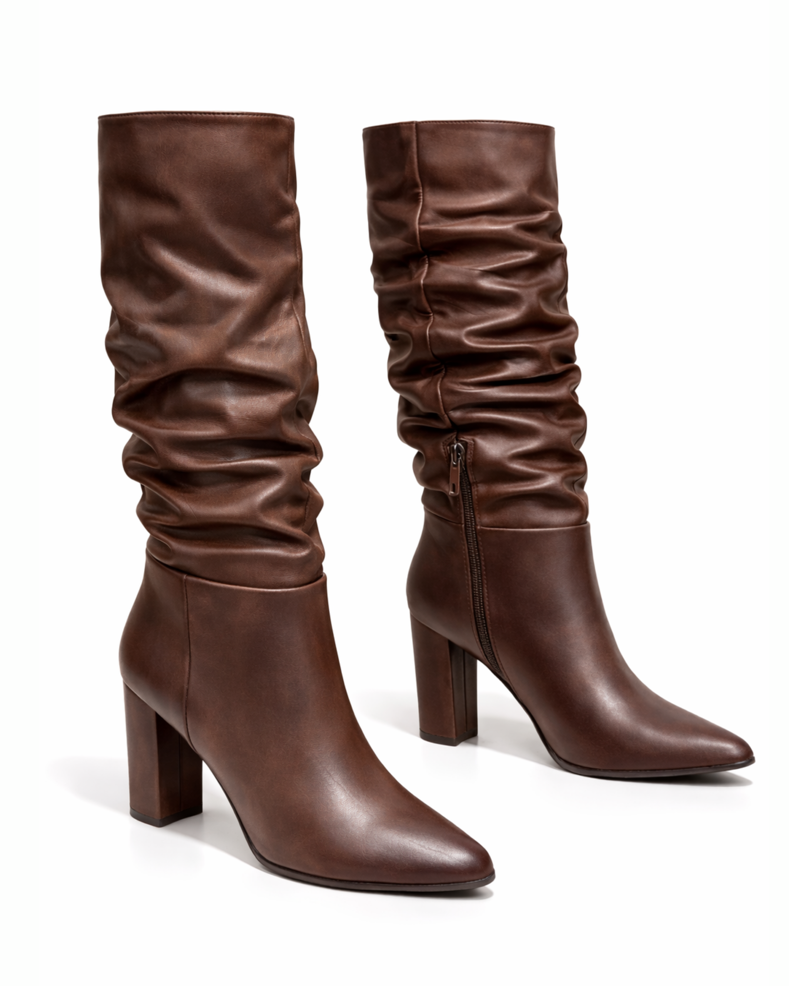 braune Stiefel, Stiefelette mit Schaft, mittelhohe Stiefel, Damenstiefel braun, Blockabsatz, spitze Stiefel, geraffter Schaft, Herbststiefel, Winterstiefel Damen, eleganter Damenstiefel, Reißverschluss seitlich, Absatzstiefel, modische Stiefel, Alltag & Büro, zeitloses Design