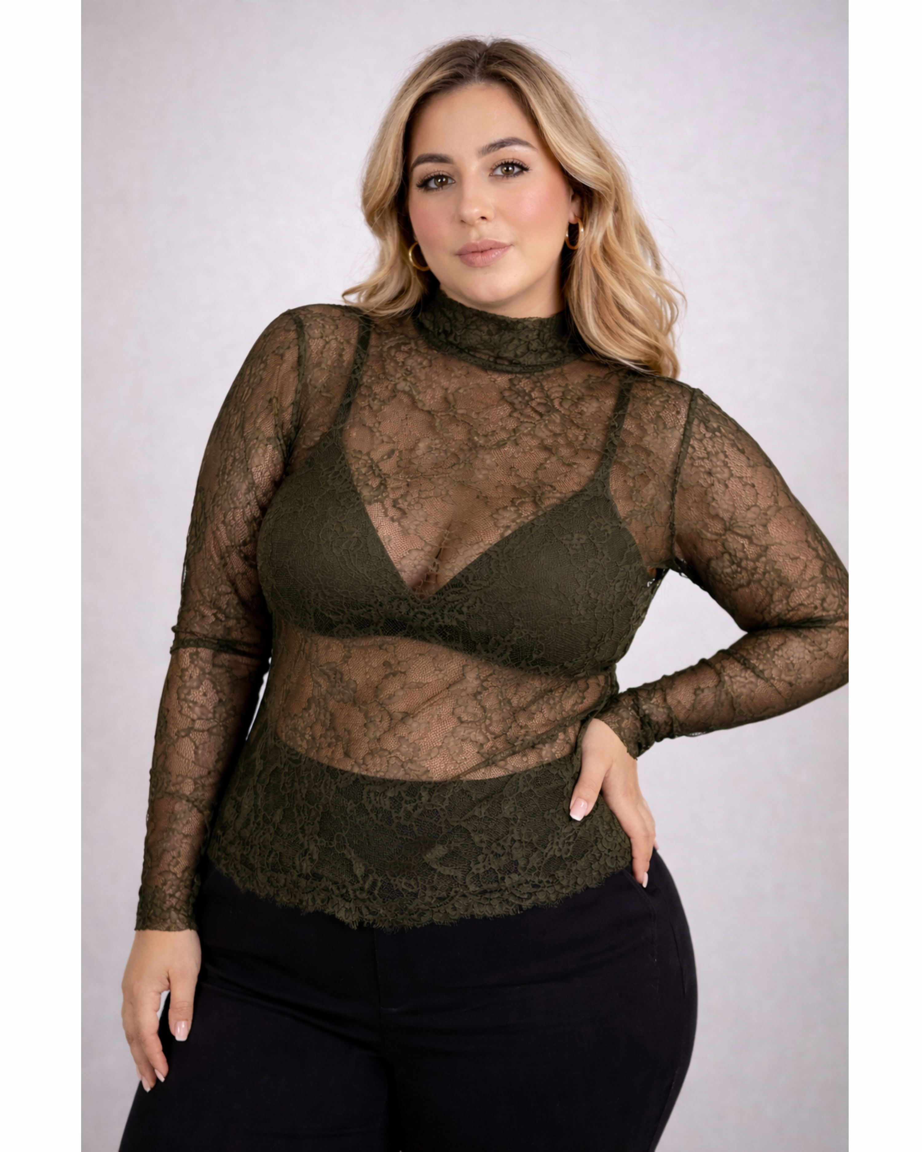Curvy Spitzenbluse Khaki