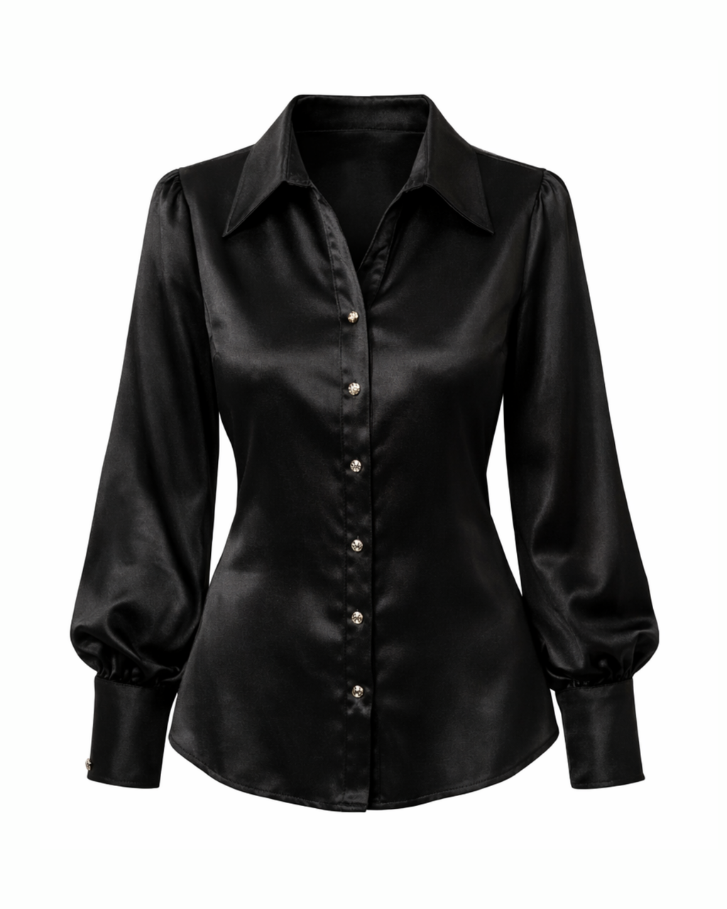 Satinbluse Damen, schwarze Satinbluse, elegante Bluse Damen, Damenbluse elegant, Bluse mit Knopfleiste, Bluse mit Hemdkragen, Satin Hemdbluse, Business Bluse Damen, Abendbluse Damen, modische Damenbluse, figurbetonte Bluse, zeitlose Damenbluse, Bluse für Büro und Alltag