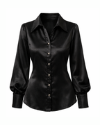 Satinbluse Damen, schwarze Satinbluse, elegante Bluse Damen, Damenbluse elegant, Bluse mit Knopfleiste, Bluse mit Hemdkragen, Satin Hemdbluse, Business Bluse Damen, Abendbluse Damen, modische Damenbluse, figurbetonte Bluse, zeitlose Damenbluse, Bluse für Büro und Alltag
