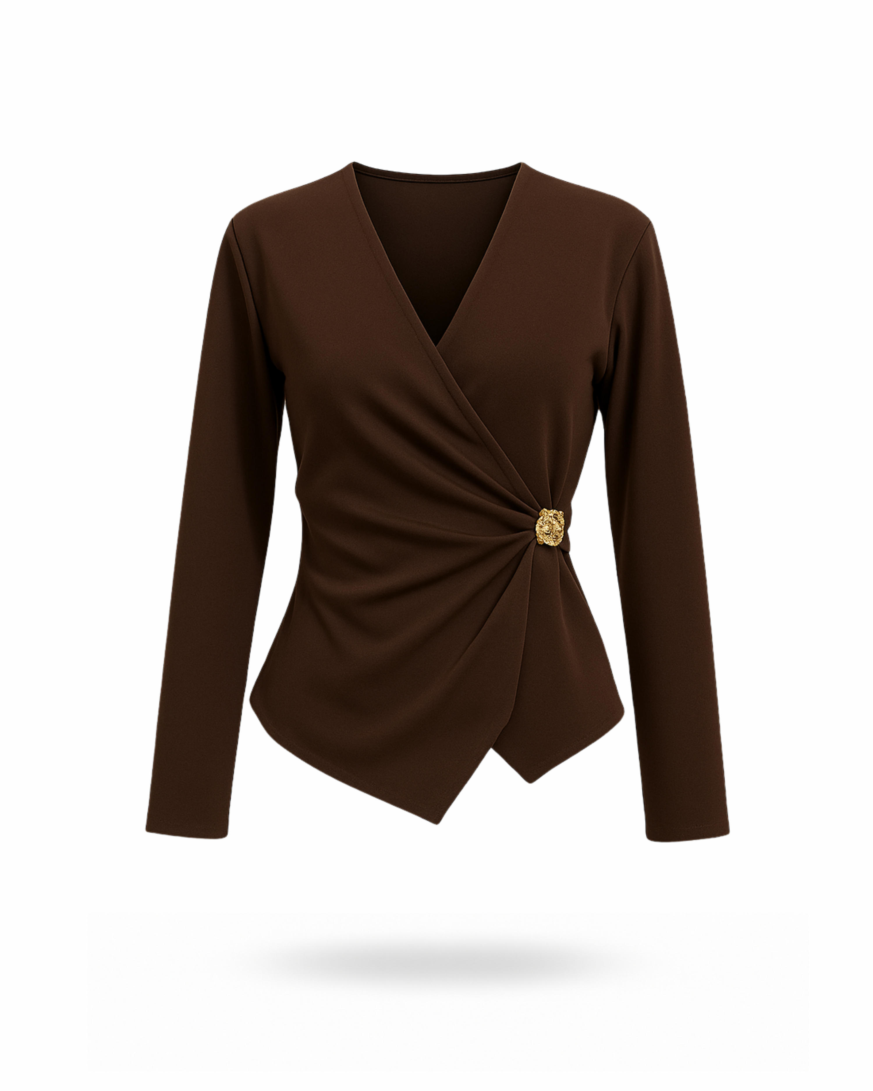 Wickelbluse Damen

Bluse braun Damen

Elegante Bluse

Damenbluse langarm

Wickelshirt Damen

Bluse mit Brosche

Bluse Made in Italy

Figurbetonte Bluse